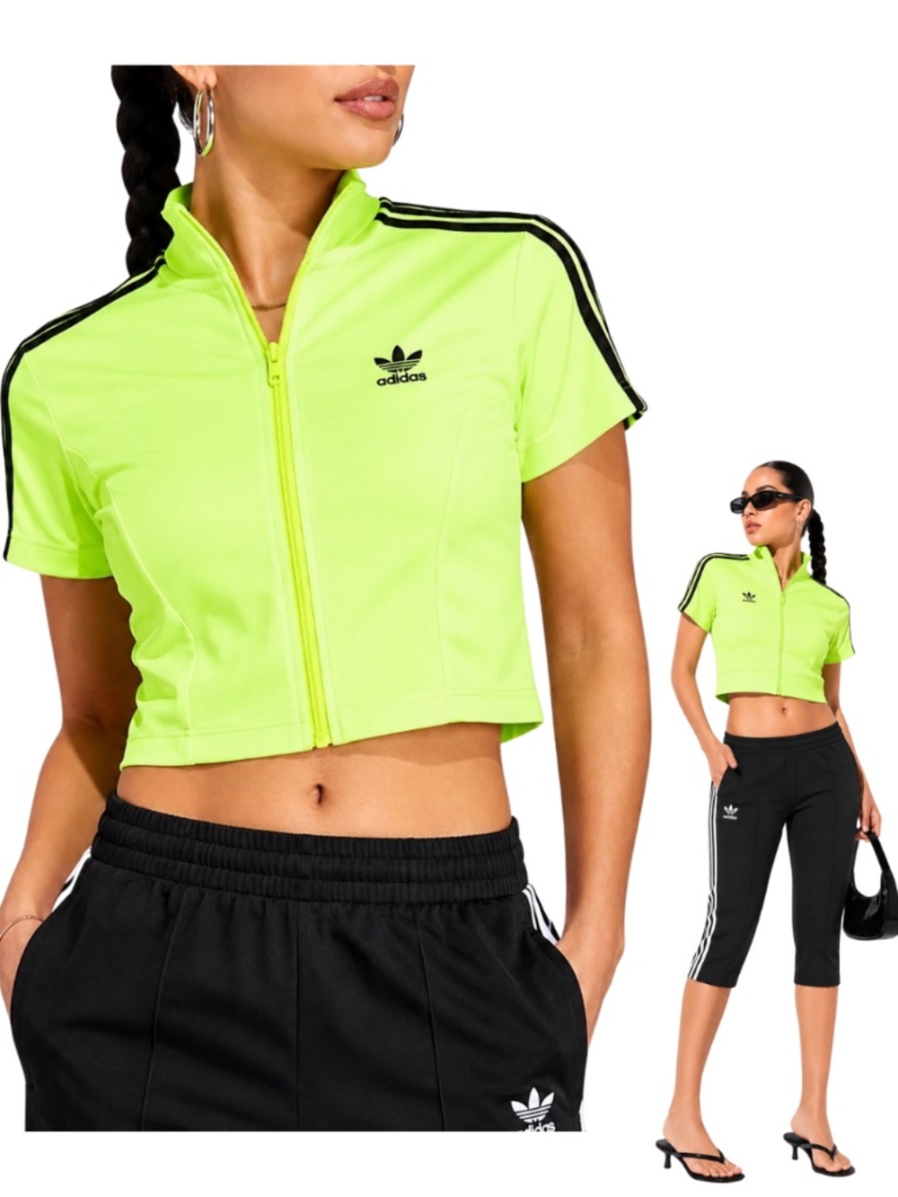 Adidas Originals Cropped Full Zip Mock Neck Track Top  Medium JY2547 Neon Green